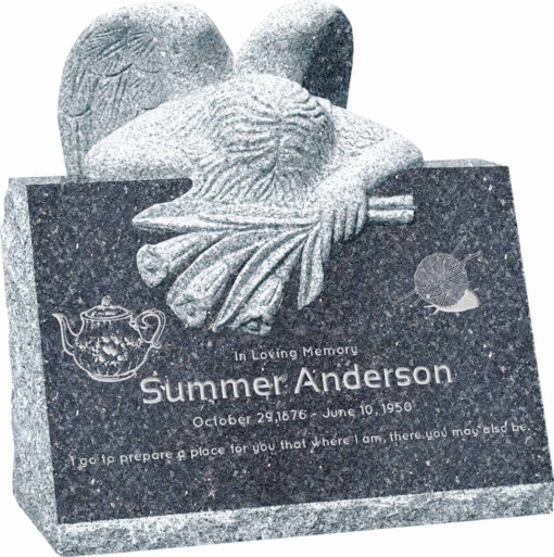 24inch x 18inch x 24inch carved angel slant headstone polished front and back with inch base in blue pearl