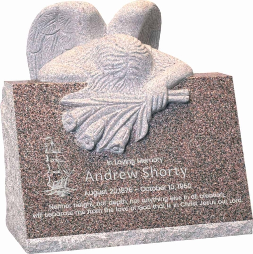 24inch x 18inch x 24inch carved angel slant headstone polished front and back with inch base in desert pink