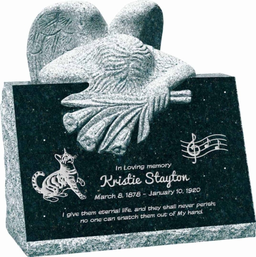 24inch x 18inch x 24inch carved angel slant headstone polished front and back with inch base in emerald green