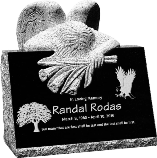 24inch x 18inch x 24inch carved angel slant headstone polished front and back with inch base in imperial black