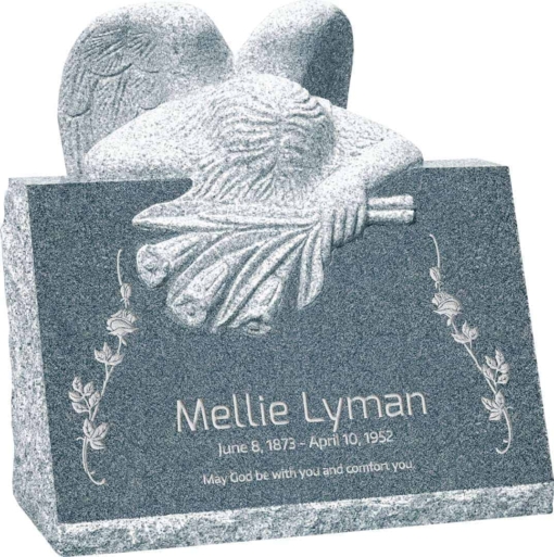 24inch x 18inch x 24inch carved angel slant headstone polished front and back with inch base in imperial grey