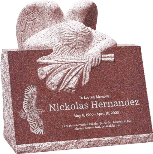 24inch x 18inch x 24inch carved angel slant headstone polished front and back with inch base in imperial red