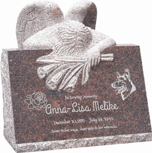 24inch x 18inch x 24inch carved angel slant headstone polished front and back with inch base in mahogany