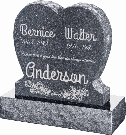 24inch x 6inch x 24inch Single Heart Upright Headstone polished front and back with 30inch Base in Blue Pearl