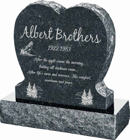 24inch x 6inch x 24inch Single Heart Upright Headstone polished front and back with 30inch Base in Emerald Pearl
