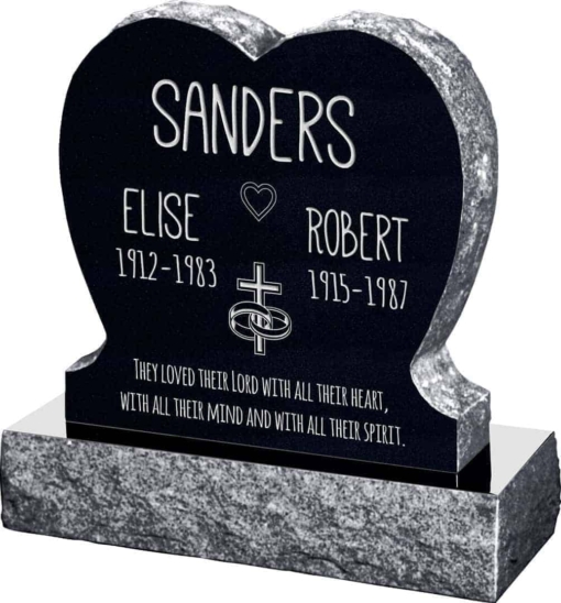 24inch x 6inch x 24inch Single Heart Upright Headstone polished front and back with 30inch Base in Imperial Black