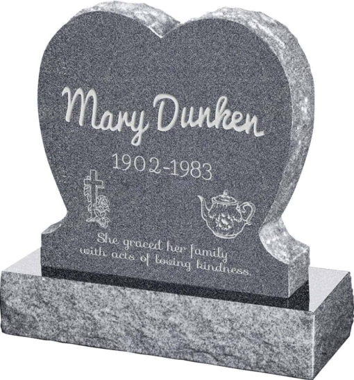 24inch x 6inch x 24inch Single Heart Upright Headstone polished front and back with 30inch Base in Imperial Grey