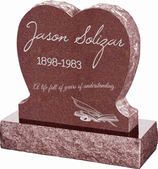 24inch x 6inch x 24inch Single Heart Upright Headstone polished front and back with 30inch Base in Imperial Red