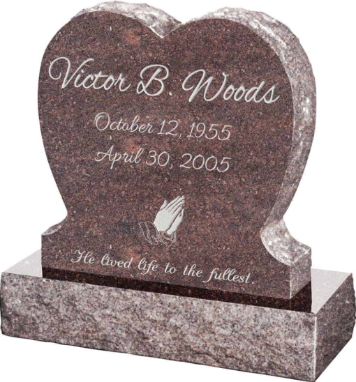 24inch x 6inch x 24inch Single Heart Upright Headstone polished front and back with 30inch Base in Mahogany