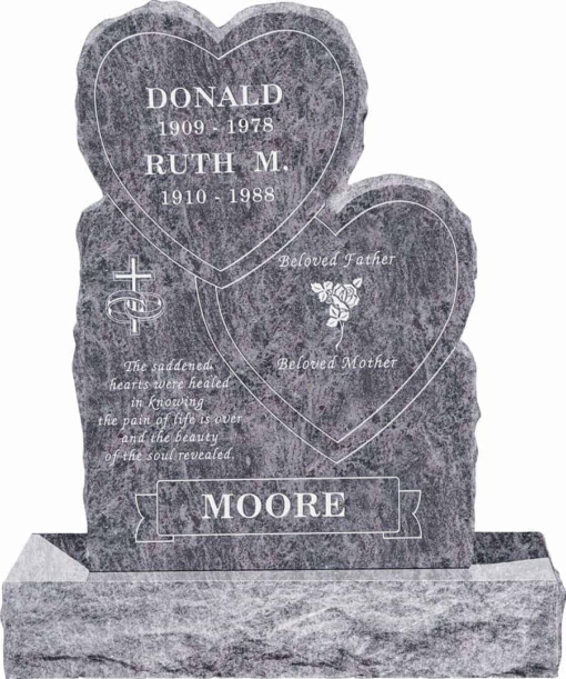24inch x 6inch x 34inch Double Heart Upright Headstone polished front and back with 34inch Base in Bahama Blue