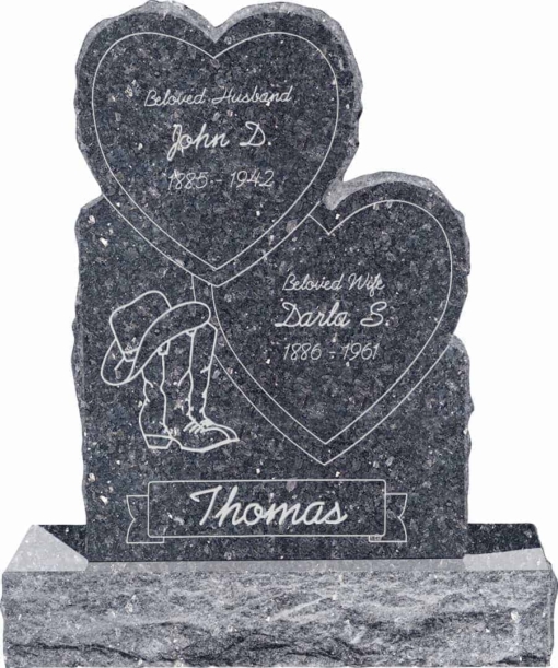 24inch x 6inch x 34inch Double Heart Upright Headstone polished front and back with 34inch Base in Blue Pearl