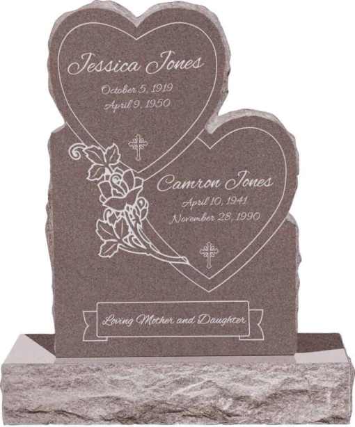 24inch x 6inch x 34inch Double Heart Upright Headstone polished front and back with 34inch Base in Desert Pink