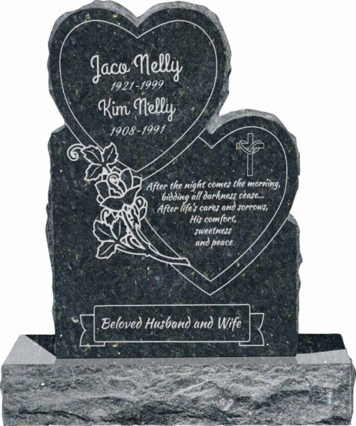 24inch x 6inch x 34inch Double Heart Upright Headstone polished front and back with 34inch Base in Emerald Pearl