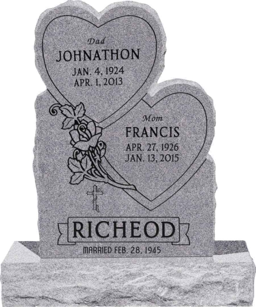 24inch x 6inch x 34inch Double Heart Upright Headstone polished front and back with 34inch Base in Grey