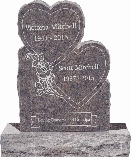 24inch x 6inch x 34inch Double Heart Upright Headstone polished front and back with 34inch Base in Himalayan