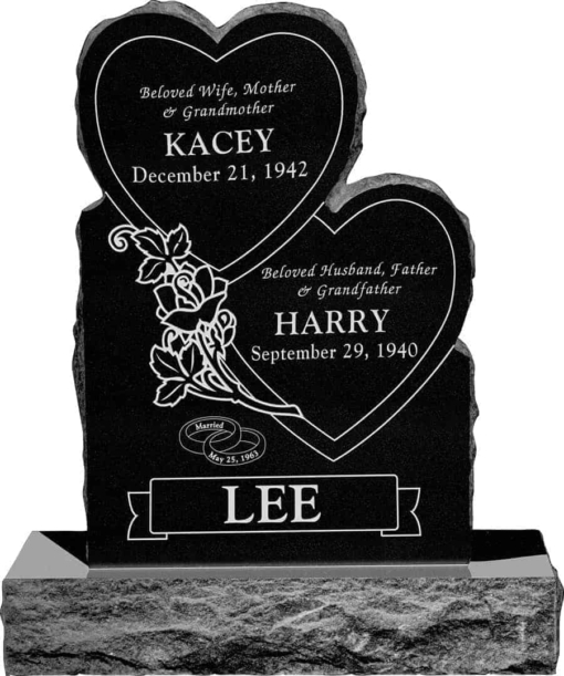 24inch x 6inch x 34inch Double Heart Upright Headstone polished front and back with 34inch Base in Imperial Black