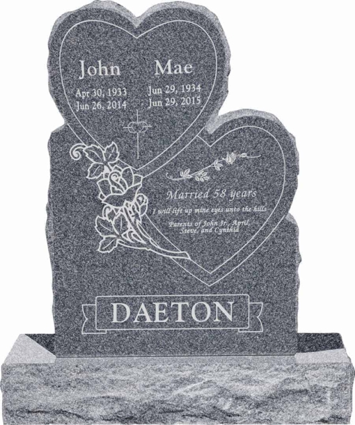24inch x 6inch x 34inch Double Heart Upright Headstone polished front and back with 34inch Base in Imperial Grey