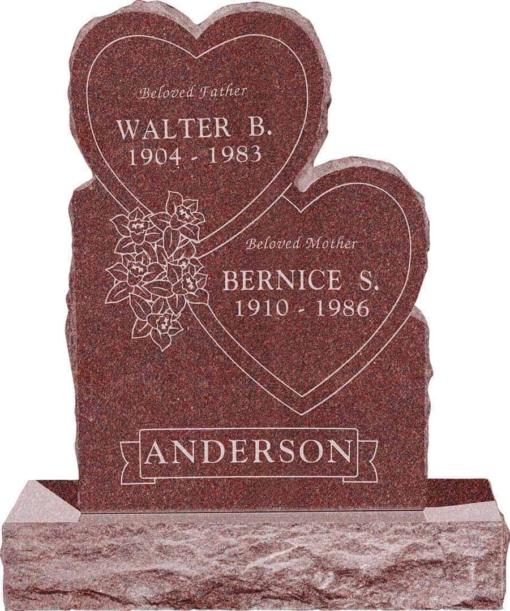 24inch x 6inch x 34inch Double Heart Upright Headstone polished front and back with 34inch Base in Imperial Red