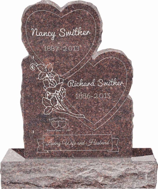 24inch x 6inch x 34inch Double Heart Upright Headstone polished front and back with 34inch Base in Mahogany