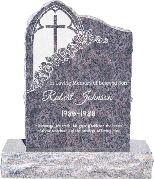 24inch x 6inch x 34inch Gothic Upright Headstone polished front and back with 34inch Base in Bahama Blue