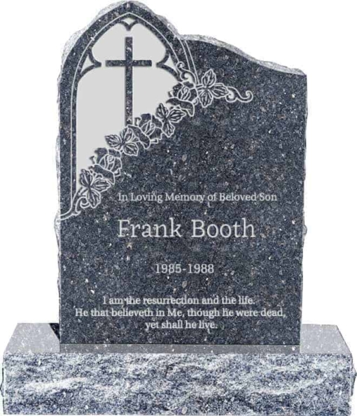 24inch x 6inch x 34inch Gothic Upright Headstone polished front and back with 34inch Base in Blue Pearl