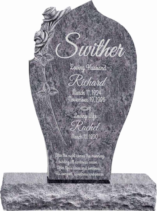 24 inch x 6 inch x 40 inch Carved Rose Upright Headstone polished all sides with 34 inch Base in Bahama Blue