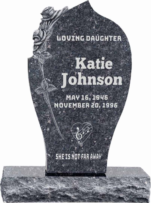 24 inch x 6 inch x 40 inch Carved Rose Upright Headstone polished all sides with 34 inch Base in Blue Pearl