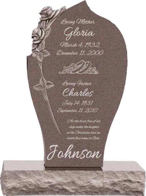 24 inch x 6 inch x 40 inch Carved Rose Upright Headstone polished all sides with 34 inch Base in Desert Pink
