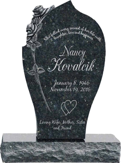 24 inch x 6 inch x 40 inch Carved Rose Upright Headstone polished all sides with 34 inch Base in Emerald Pearl