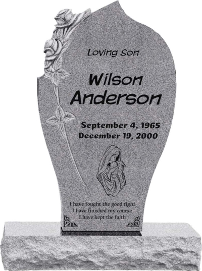 24 inch x 6 inch x 40 inch Carved Rose Upright Headstone polished all sides with 34 inch Base in Grey
