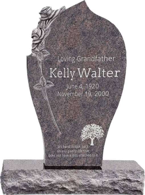 24 inch x 6 inch x 40 inch Carved Rose Upright Headstone polished all sides with 34 inch Base in Himalayan