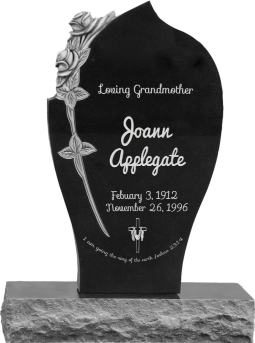 24 inch x 6 inch x 40 inch Carved Rose Upright Headstone polished all sides with 34 inch Base in Imperial Black