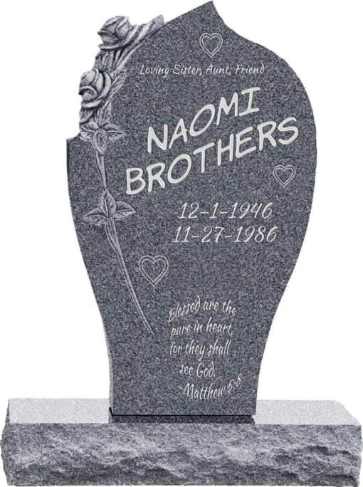 24inch x 6inch x 40inch Carved Rose Upright Headstone polished all sides with 34inch Base in Imperial Grey
