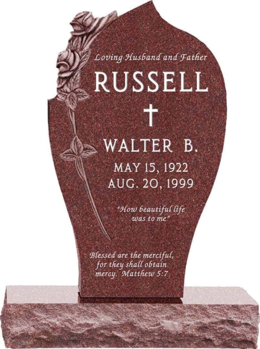 24 inch x 6 inch x 40 inch Carved Rose Upright Headstone polished all sides with 34 inch Base in Imperial Red