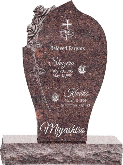 24inch x 6inch x 40inch Carved Rose Upright Headstone polished all sides with 34inch Base in Mahogany