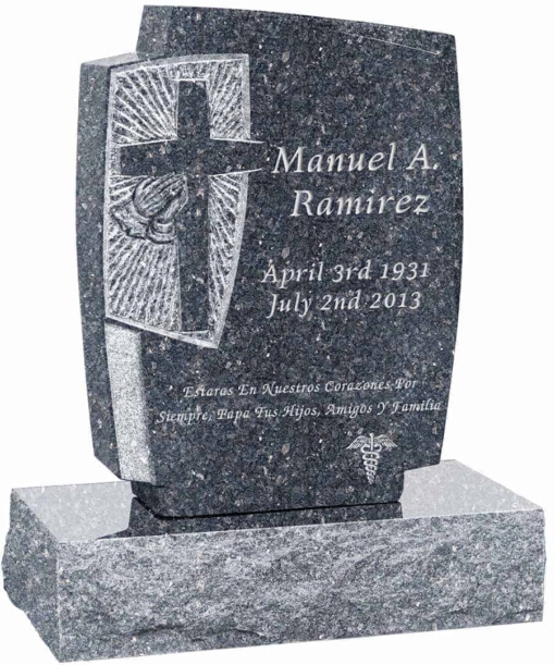 24inch x 6inch x 42inch Cross Upright Headstone polished front and back with 34inch Base in Blue Pearl