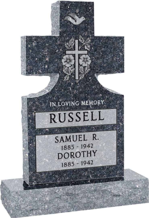 24inch x 6inch x 42inch Cross Upright Headstone polished front and back with 34inch Base in Blue Pearl with design Sanded Panel
