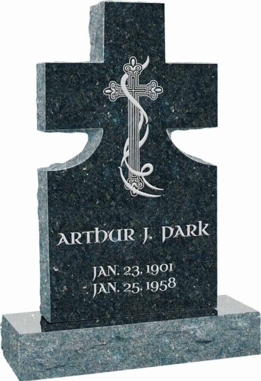 24inch x 6inch x 42inch Cross Upright Headstone polished front and back with 34inch Base in Emerald Pearl