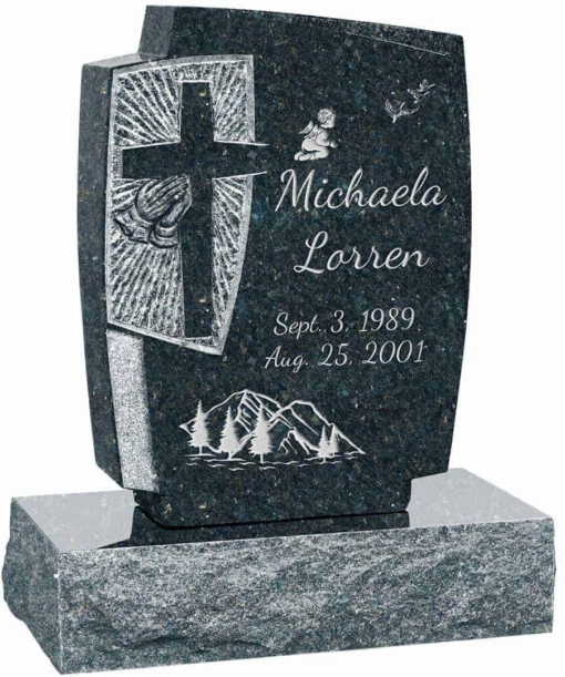 24inch x 6inch x 42inch Cross Upright Headstone polished front and back with 34inch Base in Emerald Pearl