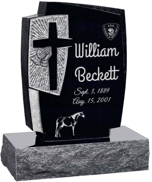 24inch x 6inch x 42inch Cross Upright Headstone polished front and back with 34inch Base in Imperial Black