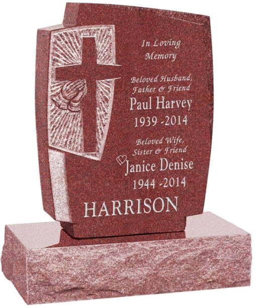 24inch x 6inch x 42inch Cross Upright Headstone polished front and back with 34inch Base in Imperial Red