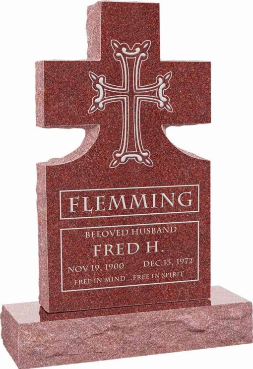 24inch x 6inch x 42inch Cross Upright Headstone polished front and back with 34inch Base in Imperial Red