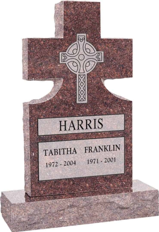 24inch x 6inch x 42inch Cross Upright Headstone polished front and back with 34inch Base in Mahogany with design Sanded Panel