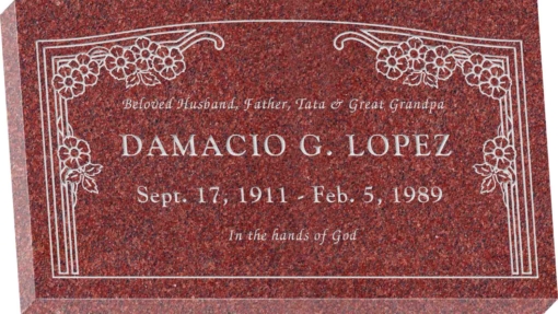 28inch x 16inch x 3inch Flat Granite Headstone in Imperial Red with design HL-102