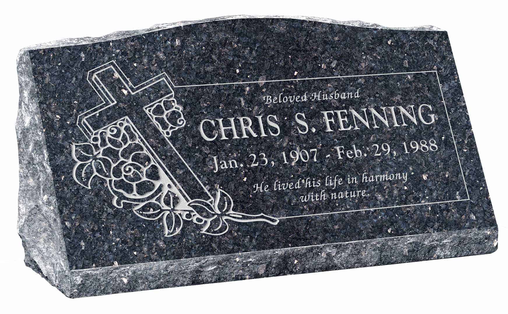30inch_x_10inch_x_16inch_Serp_Top_Slant_Headstone_polished_front_and_back_in_Blue_Pearl_with_design_F-408