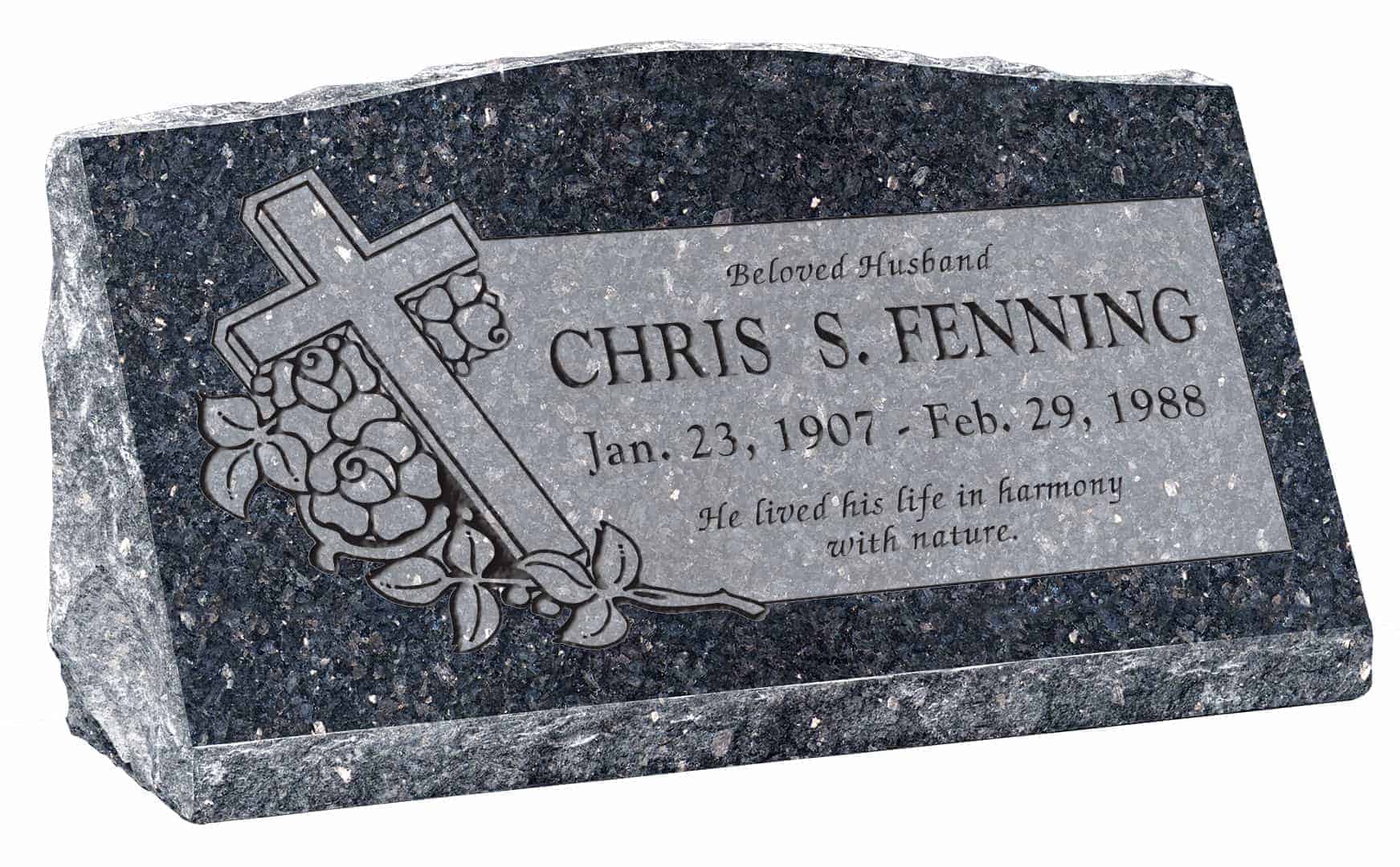 30inch_x_10inch_x_16inch_Serp_Top_Slant_Headstone_polished_front_and_back_in_Blue_Pearl_with_design_F-408,_Sanded_Panel
