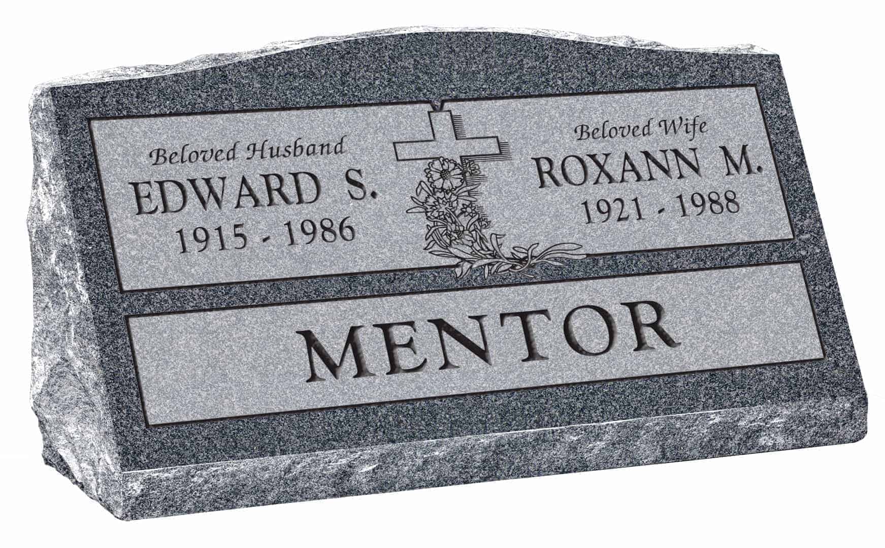 30inch_x_10inch_x_16inch_Serp_Top_Slant_Headstone_polished_front_and_back_in_Imperial_Grey_with_design_R-8,_Sanded_Panel