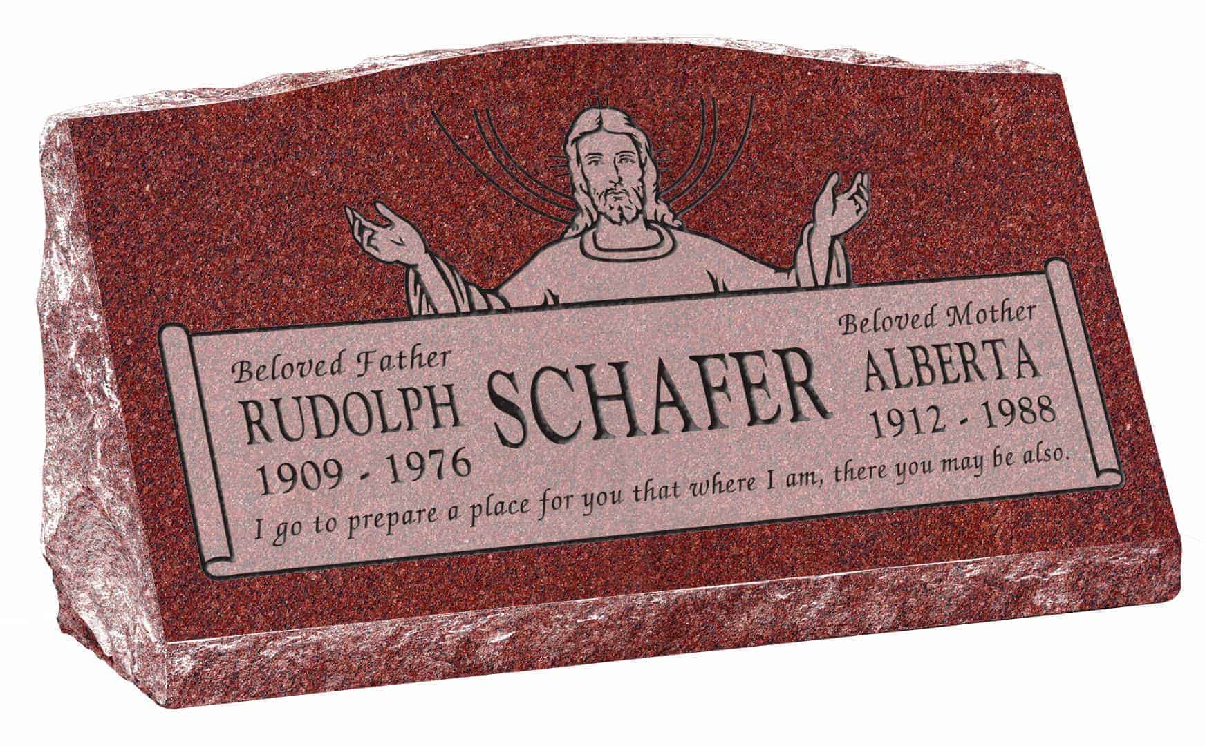 30inch_x_10inch_x_16inch_Serp_Top_Slant_Headstone_polished_front_and_back_in_Imperial_Red_with_design_R-36,_Sanded_Panel