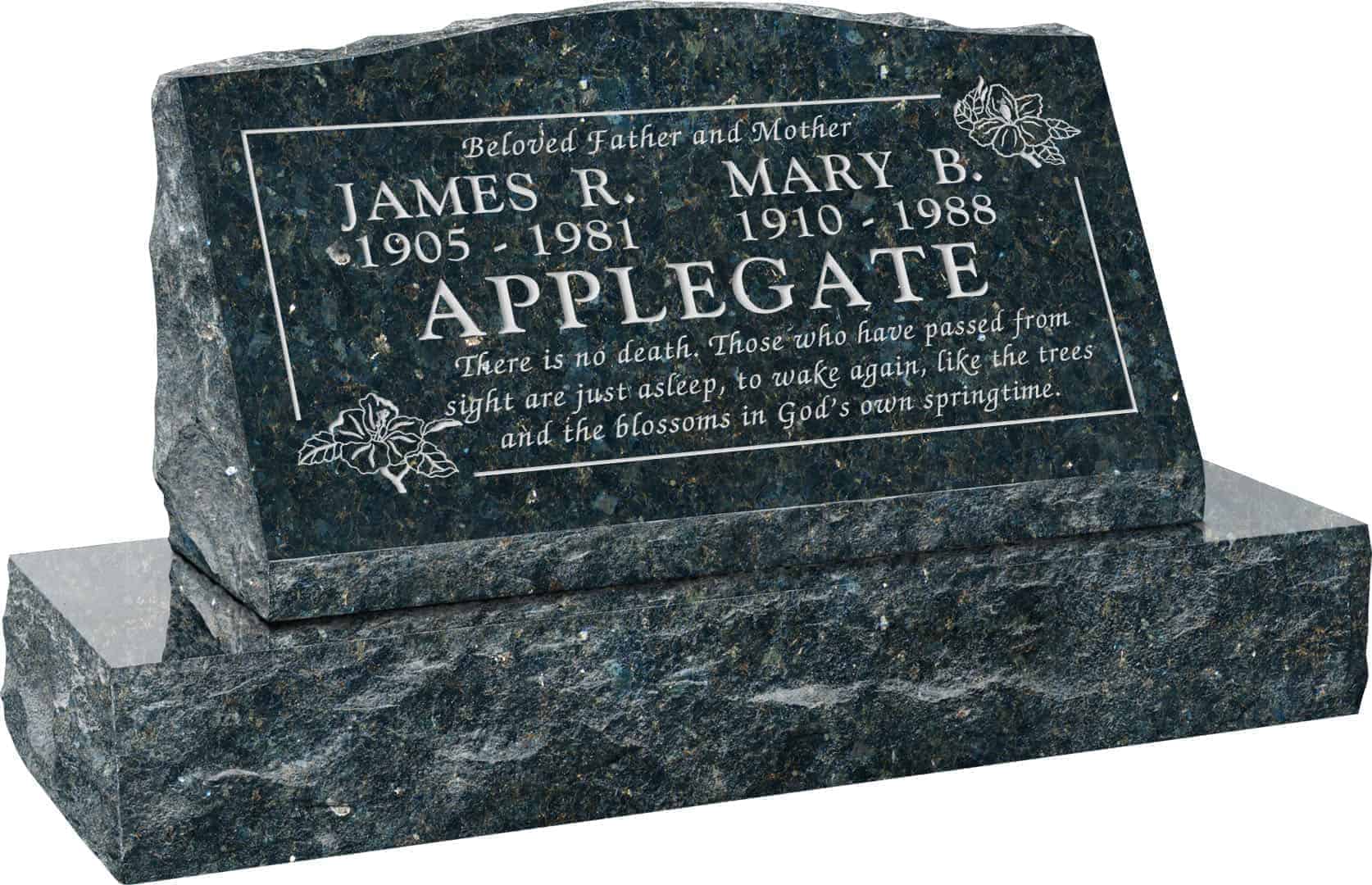 30inch_x_10inch_x_16inch_Serp_Top_Slant_Headstone_polished_front_and_back_with_36inch_Base_in_Emerald_Pearl_with_design_T-11 30inch x 10inch x 16inch Serp Top Slant Headstone polished front and back with 36inch Base in Emerald Pearl with design T-11