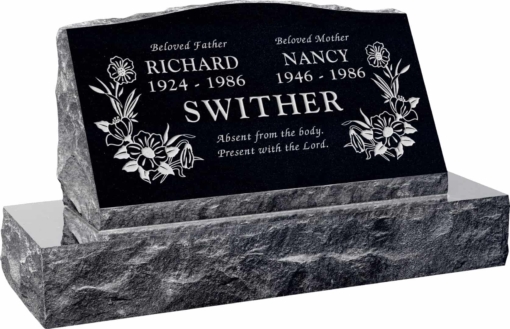 30inch x 10inch x 16inch Serp Top Slant Headstone polished front and back with 36inch Base in Imperial Black with design T-7